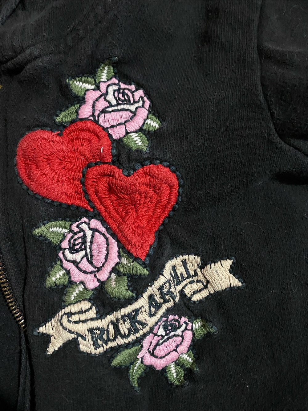 Vintage Embroidered Heart & Rose Jacket Detail - Black with Red & Pink